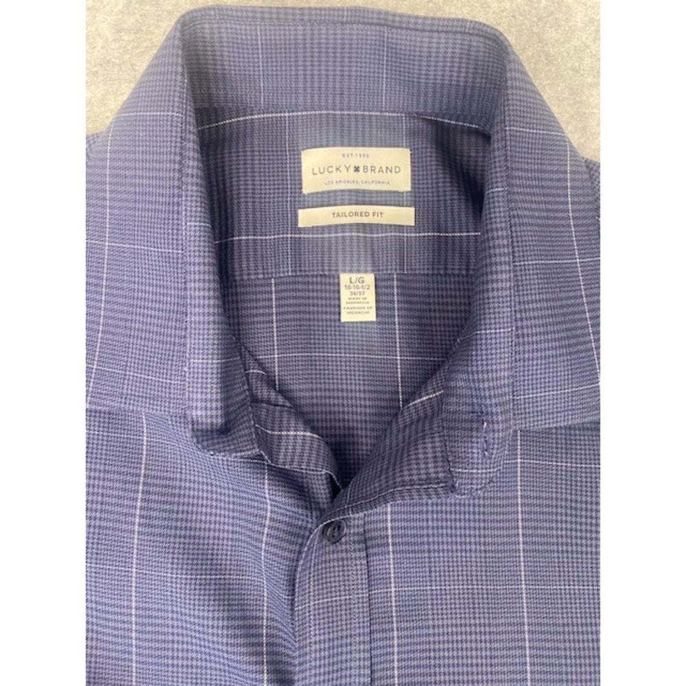 Lucky Brand Mens Tailored‎ Fit Blue Plaid Dress Shirt Long Sleeve Size L
